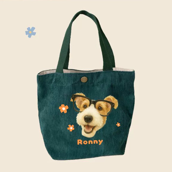 Custom Pet Portrait Corduroy Tote Bag – Personalized Dog Cat Photo Gift for Pet Lovers