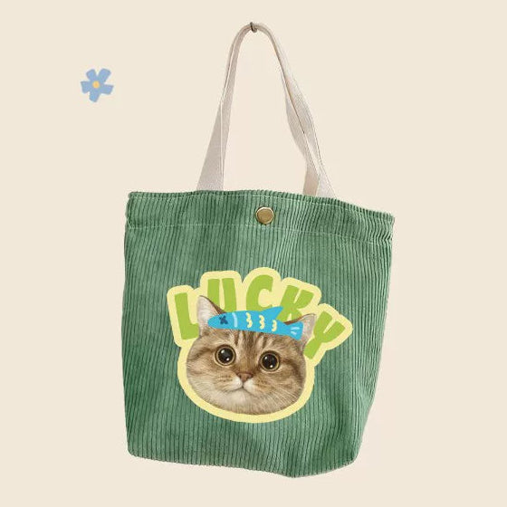 Custom Pet Portrait Corduroy Tote Bag – Personalized Dog Cat Photo Gift for Pet Lovers