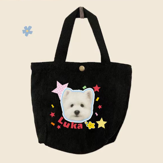 Custom Pet Portrait Corduroy Tote Bag – Personalized Dog Cat Photo Gift for Pet Lovers